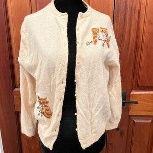 Jeanne Marcoux Rockabilly Cottagecore Embroidered Owls Angora Wool Sweater VTG
